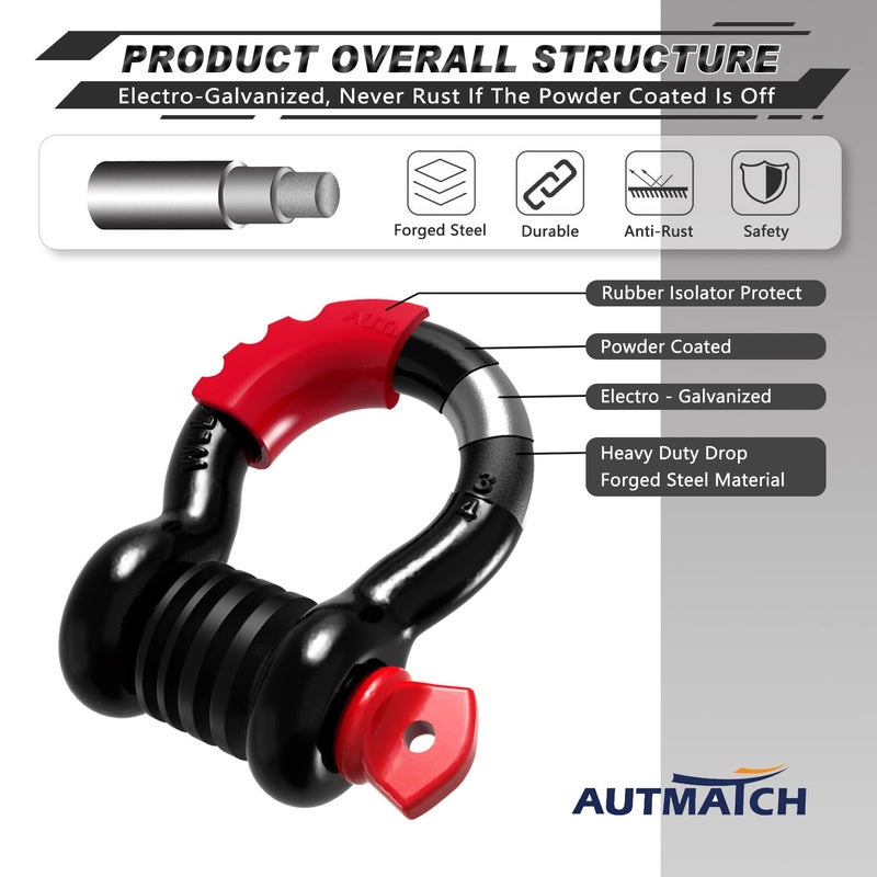 AUTMATCH D Ring تكبل 3/4 بوصة (عبوة من قطعتين) قوة كسر 41,887 رطل، تكبل Clevis مع دبوس لولبي 7/8 بوصة ومجموعة غسالات عازلة لحزام السحب ونش استعادة المركبات على الطرق الوعرة، أسود وأحمر - Image 4